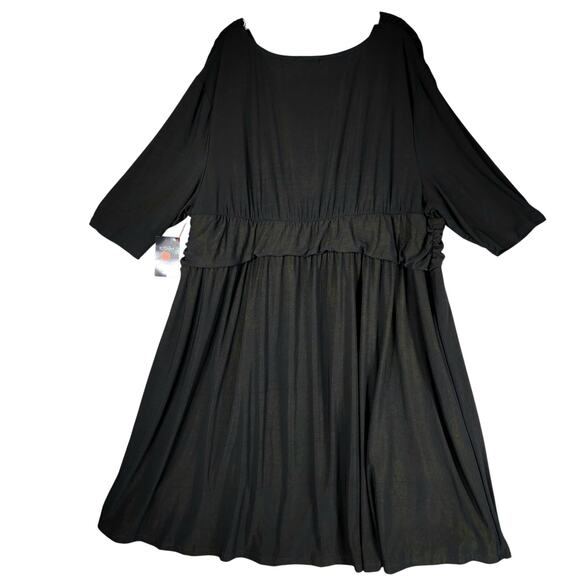 Kiyonna Midi Dress sz 4 Women Black Gold Metallic 3/4 Sleeve Stretch Ruched NEW - Picture 2 of 11